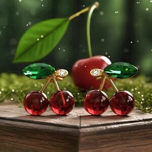 Red Cherry Stud Earrings Crystal Rhinestone 925 Silver Post Coquette Gold Tone